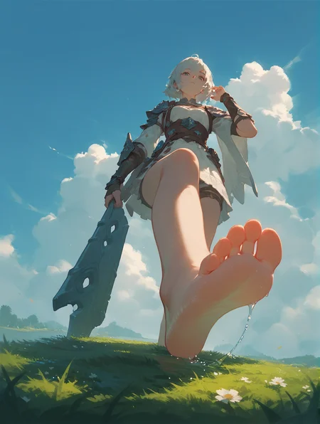 (score_9,score_8_up,score_7_up),1girl,solo,bare foot,feet focus,two feet,sky,grass,water,cloud,fantasy,from below,foot focus,