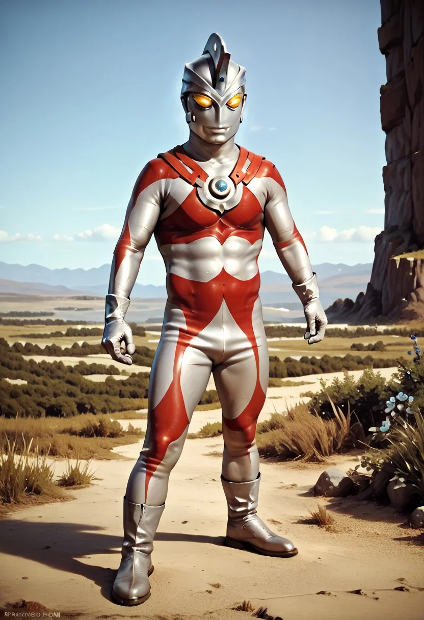 score_9, score_8_up, score_7_up, score_6_up, score_5_up, score_4_up, male focus,photo realistic,4K,best quality, no human, ultraman ace, no face,stunding,Portrait,cowboy shot, 1boy, silver glove and boots, standing, silver helmet, no eyes,no nose,no mouth,yellow glowing eyes, gloves, silver rubber bodysuit with red line, giant,normal body type, painterly, traditional media, realistic,