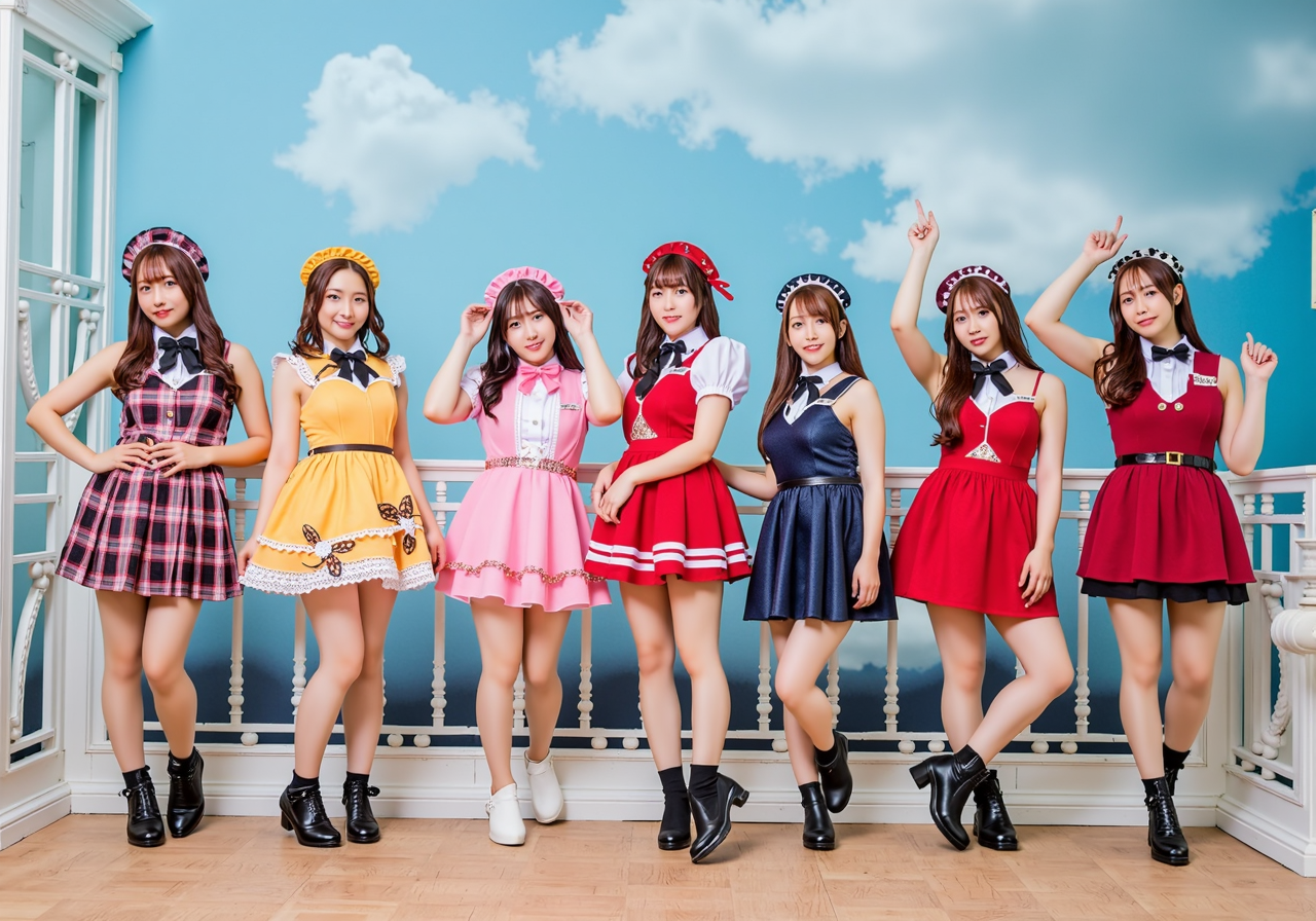 long shot scenic professional photograph of realistic,<lora:Flux_idol_cos:1>,idores,(full body:2),smile,idol costumes,18 year old girl,tights,dance,multigirls,group idol,they all have different faces and hairstyles,beautiful japanese idol,in good style,, perfect viewpoint, highly detailed, wide-angle lens, hyper realistic, with dramatic sky, polarizing filter, natural lighting, vivid colors, everything in sharp focus, HDR, UHD, 64K