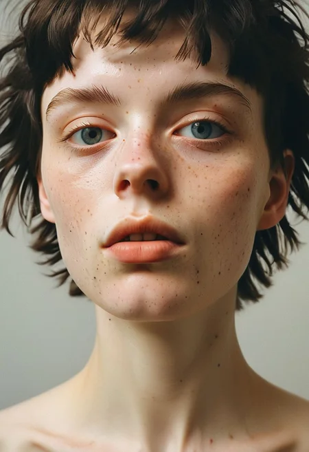 A photo Luce Doe, a 25 year old woman.  Short boyish hair, black hair. Posing in the studio. Soft studio lighting. 
Detailed, emotional face.
(detailed skin, pores, sweat, rosacea, blemishes, acne, freckles, imperfections, tan (moles-)), detailed eyes,
 style of Caravaggio.
Hasselblad, Kodak Ektar 100
