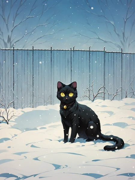 score_9, score_8_up, score_7_up, score_6_up, score_5_up, <lora:snowXLP:0.8> snow, no humans, black cat, snowing, fence, animal focus, outdoors, animal, sky, signature, yellow eyes, winter, solo