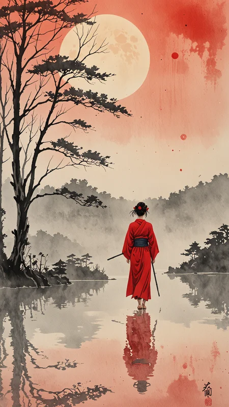 Watercolour paint effect, on partchment, red moon, Lake, japanese writing, ripples, sky, trees, reflection, mist, woman, <lora:Paint_Effects_SDXL_-_By_DICE:1>, Watercolour Paint Effect