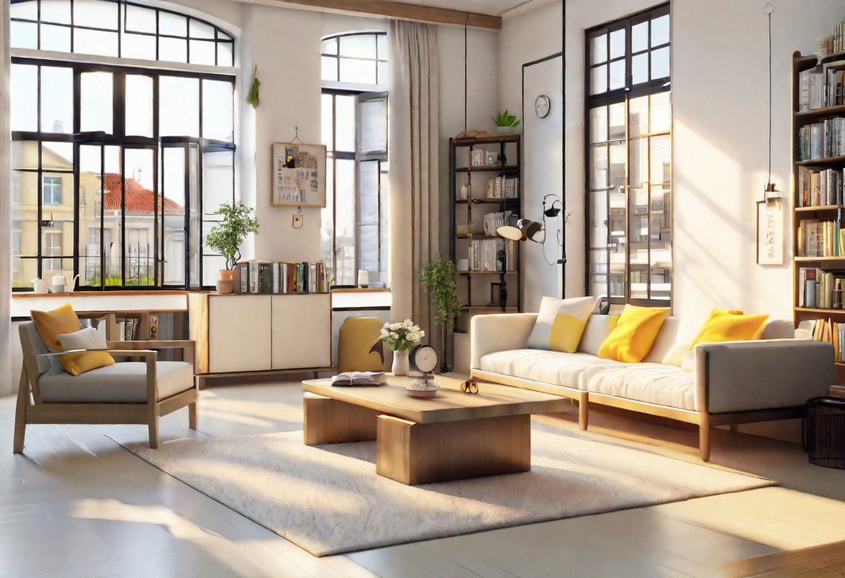 ((front view)), anime-style, modern-style interior, with white walls, (large windows), Nordic-style furniture, a  study, Sofa, coffee table, bookcase, single wall, 
warm light morning sun, (the view of the city)