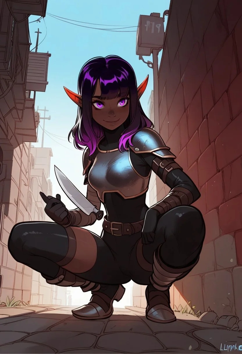 (score_9, score_8_up, score_7_up), tlu, rating_safe,ph1lt0m4t0,3m0t3,
(1girl, solo, stealthy dark elf woman), purple eyes, lean body type, small breasts, dark grey skin, sly smile, medium-length layered hair with side bangs, dark purple hair, tight leather armor with daggers at belt, crouching in an alley of a shadowy cityscape, holding a throwing knife, surrounded by mist, faint blue light from nearby lanterns, mysterious and stealthy ambiance.