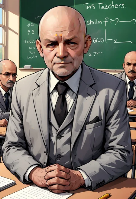 60 year old, short, thick-set, bald man, old grey suit, indide, school staffroom, other teachers sitting at table, old-fashioned school
<lora:Dibber:0.7>