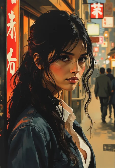 in the style of ck-mgs, nistyle, , ArsMJStyle, Expressive Watercolor Ink Wash, Inkplash art on rice paper, sepia, henna, Silhouette Art, magnificent, inksplash closeup portrait of stunning Indian woman, long loose hair, bangs, denim jacket, white blouse, leaning against a neon sign on a traditional Japanese street, night, neon signs, bokeh