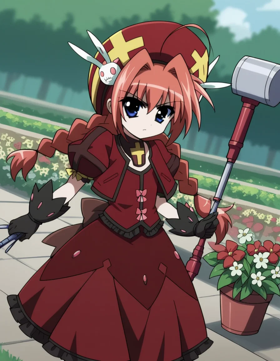 score_9, score_8_up, score_7_up, source_anime, <lora:vita-movie2-ponyxl-lora-nochekaiser:1>, vita, blue eyes, braid, ahoge, red hair, twin braids, rabbit hair ornament,, gloves, hat, dress, weapon, open clothes, open jacket, magical girl, red dress, cropped jacket, hammer,, gardening, watering plants, backyard, flowers blooming, sunny day,, , looking at viewer, v, v over eyes,, solo,, dutch angle,
