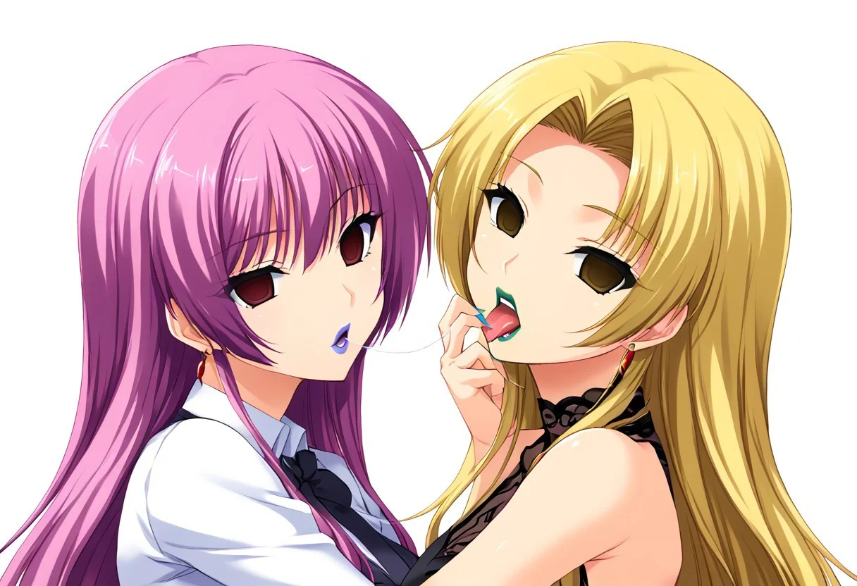 anime, empty eyes, hypnotized, blank stare, expressionless, two girls, adult, close up, lipstick, red lipstick, yellow lipstick, green lipstick, blue lipstick, purple lipstick, pink lipstick, black lipstick, lip gloss, long hair, hug from behind, ear licking, saliva string