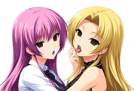 anime, empty eyes, hypnotized, blank stare, expressionless, two girls, adult, close up, lipstick, red lipstick, yellow lipstick, green lipstick, blue lipstick, purple lipstick, pink lipstick, black lipstick, lip gloss, long hair, hug from behind, ear licking, saliva string