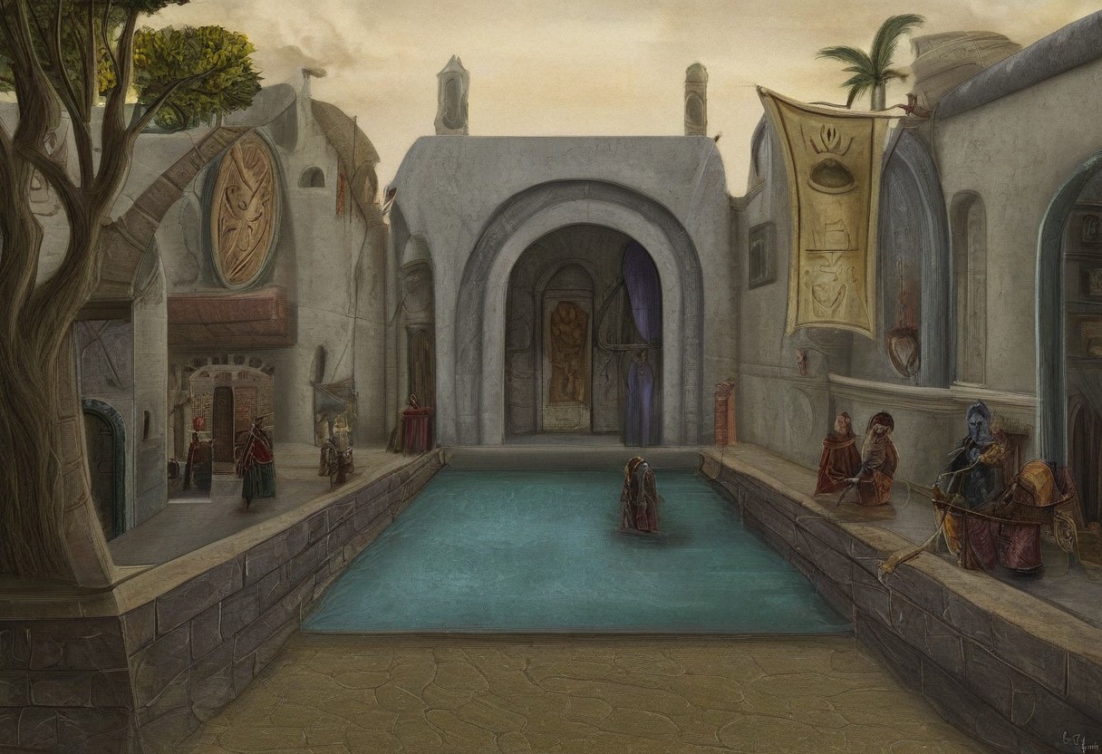 scenary, ascadian isles, vivec, slice of life, arena, interior, dunmer lantern, gloomy lighting, clear style, best quality, digital art, morrowind, settlement, dunmer, dunmer architecture, small tree, planter pot, colorful tapestries, banner, small mushroom tree, flora, stairs, light shafts, best quality, crowd, buildings, cobblestones, dunmer guard, bonemold armor,  masterpiece