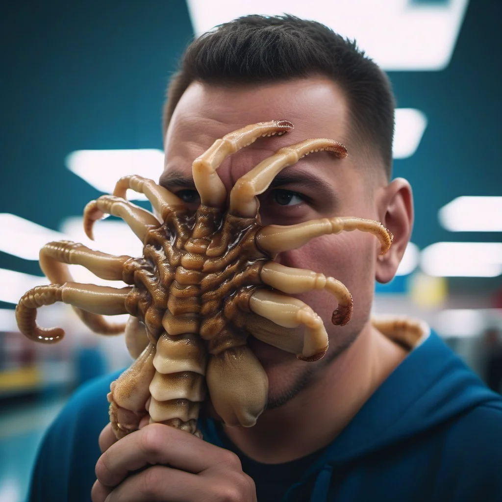cinematic photo a man fight with a squid on his face, in a wallmart<lora:Facehugger1024:0.7> . 35mm photograph, film, bokeh, professional, 4k, highly detailed