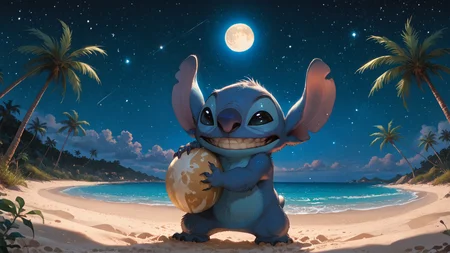 score_9, score_8_up, score_8, 1boy, st1tch, black eyes, furry, solo, small grin, palm tree, night, sky, stars, moon, cartoon, standing, sand, detailed background <lora:Experiment_626_aka_Stitch_Lilo_and_Stitch_for_PonyXL:1>
<lora:StS_PonyXL_Detail_Slider_v1.4_iteration_3:3> <lora:Fant5yP0ny:0.7> <lora:Expressive_H:0.4> <lora:epi_noiseoffset2:1>