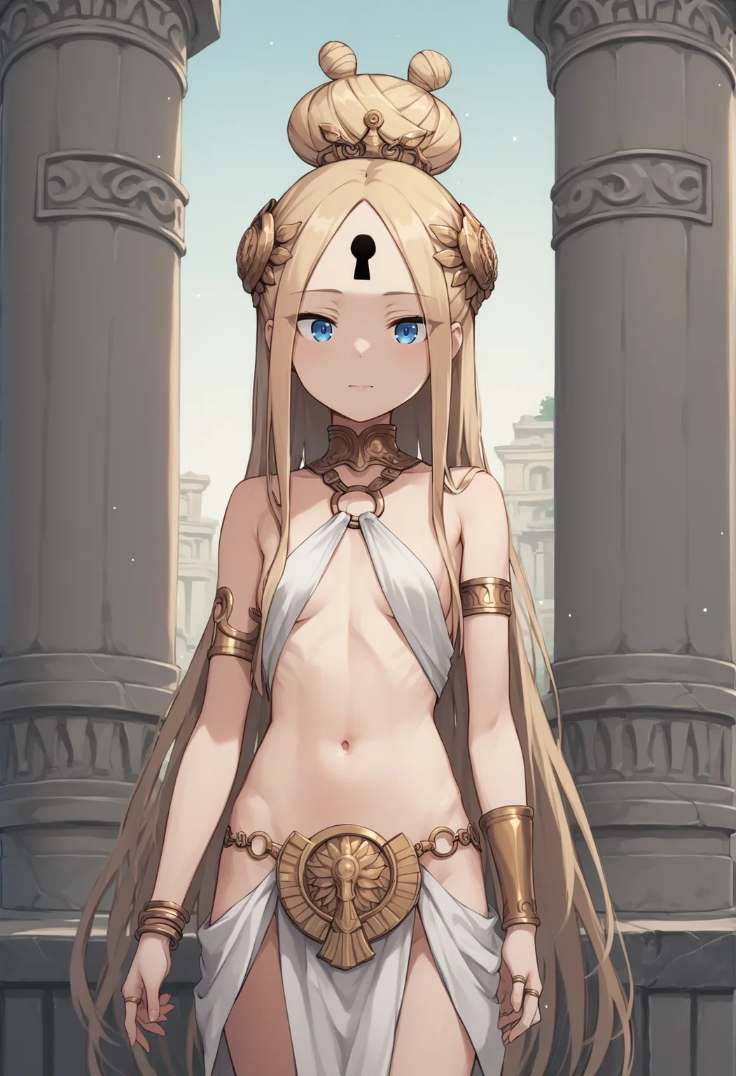 1girl, blonde hair, long hair, blue eyes, forehead, sidelocks, parted bangs, single hair bun, tiara, toga, greek armor, bracelet, armlet, ring collar, o-ring, jewelry, outdoors, greek temple, cowboy shot <lora:abby_xl:1> small breasts,, score_9, score_8_up, score_7_up, score_6_up, score_5_up, score_4_up, BREAK source_anime, masterpiece