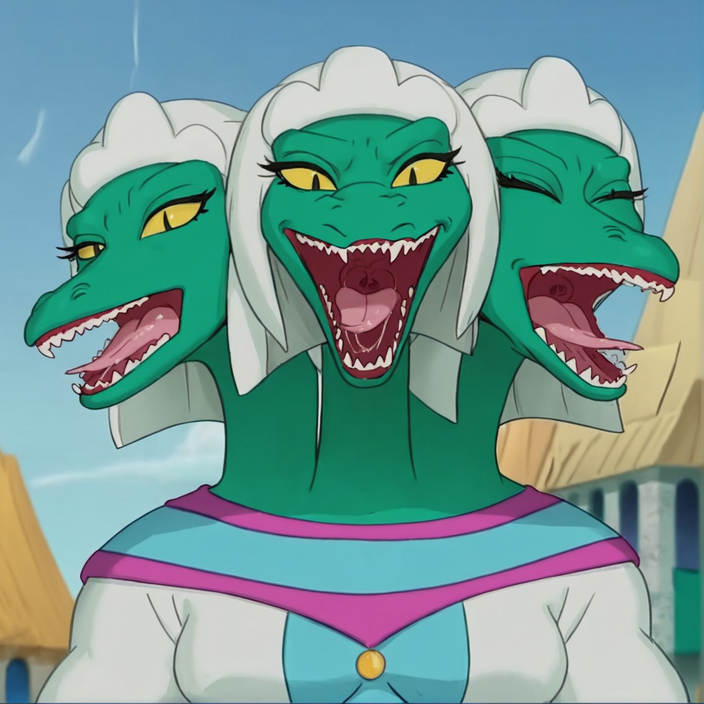 score_9,score_8,score_7,source_furry,
<solo:1.5>,
<1girl:2.5>,
alien girl, hydra, three heads, 3 heads, multi heads,multiple heads,
trinoga, hydra, hydra girl, alien, alien girl, trinoga_muttabar, teeth, 1girl, sharp teeth, open mouth, parody, colored skin, breasts, yellow eyes,
( art by ewa \(seraphhuiyu\) ) ,
 <lora:Trinoga_Hydra_Muttabar:1> trinoga