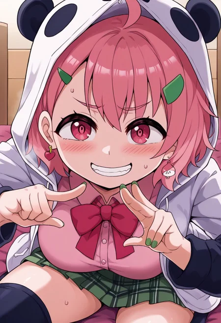 source_anime, rating_safe, BREAK <lora:sakuSasaki_XL-Pony_LoRA-C3Lier_16-16-8-8_AdamW_Un3e-4_Te1.5e-4_10batch:1>, sasaki saku, 1girl, virtual youtuber, pink hair, multicolored hair, short hair, ahoge, pink eyes, green nails, mole under eye, hairclip, earrings, animal hood, panda hood, hood up, two-tone jacket, white jacket, black sleeves, long sleeves, collared shirt, pink shirt, red bowtie, plaid skirt, green skirt, ,,, ,,,, , ,,,, ,,, ,,, ,, ,, ,, , , ,,huge breasts,5 fingers,, ,,,,,,,,,,,,Both hands Peace , grin