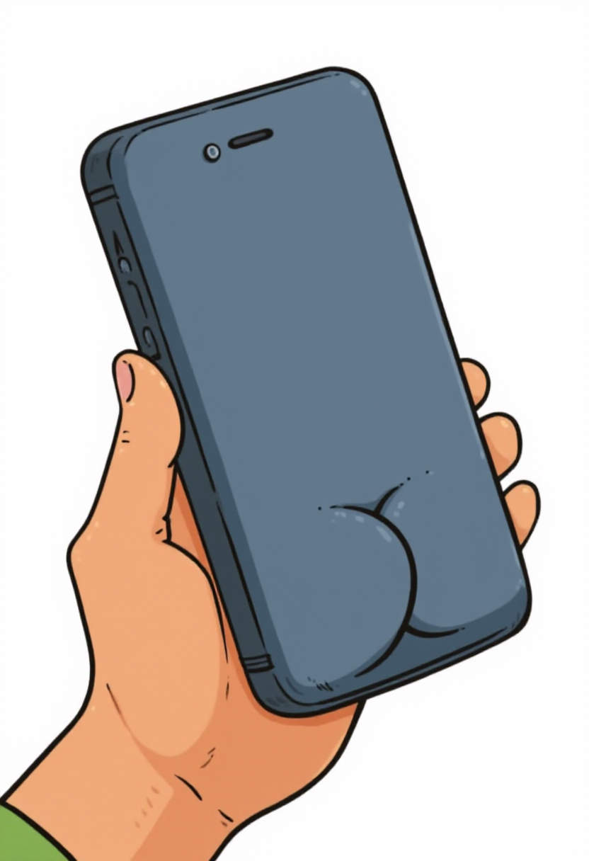 <lora:Butt_Stuff_FLUX-000018:1> 
Cartoon illustration of a cellphone shaped like a human buttocks, with exaggerated proportions, being held by a hand.