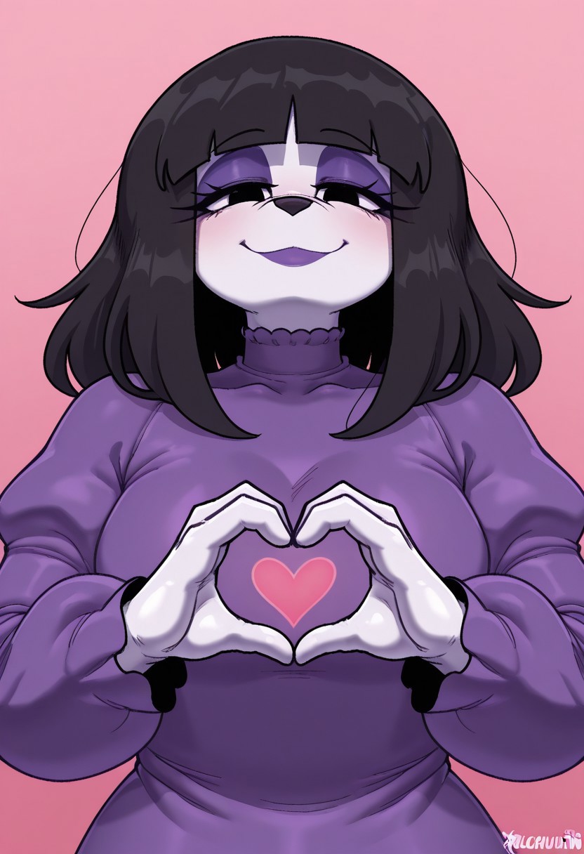 1girl, solo, medium build, medium hair, sfw, safe for work, covered skin, flowy dress,  black eyes, purple lipgloss, smiling, portrait, upper body, heart hands, foreshortening, detailed, newest,cuch, furry female, furry, anthro