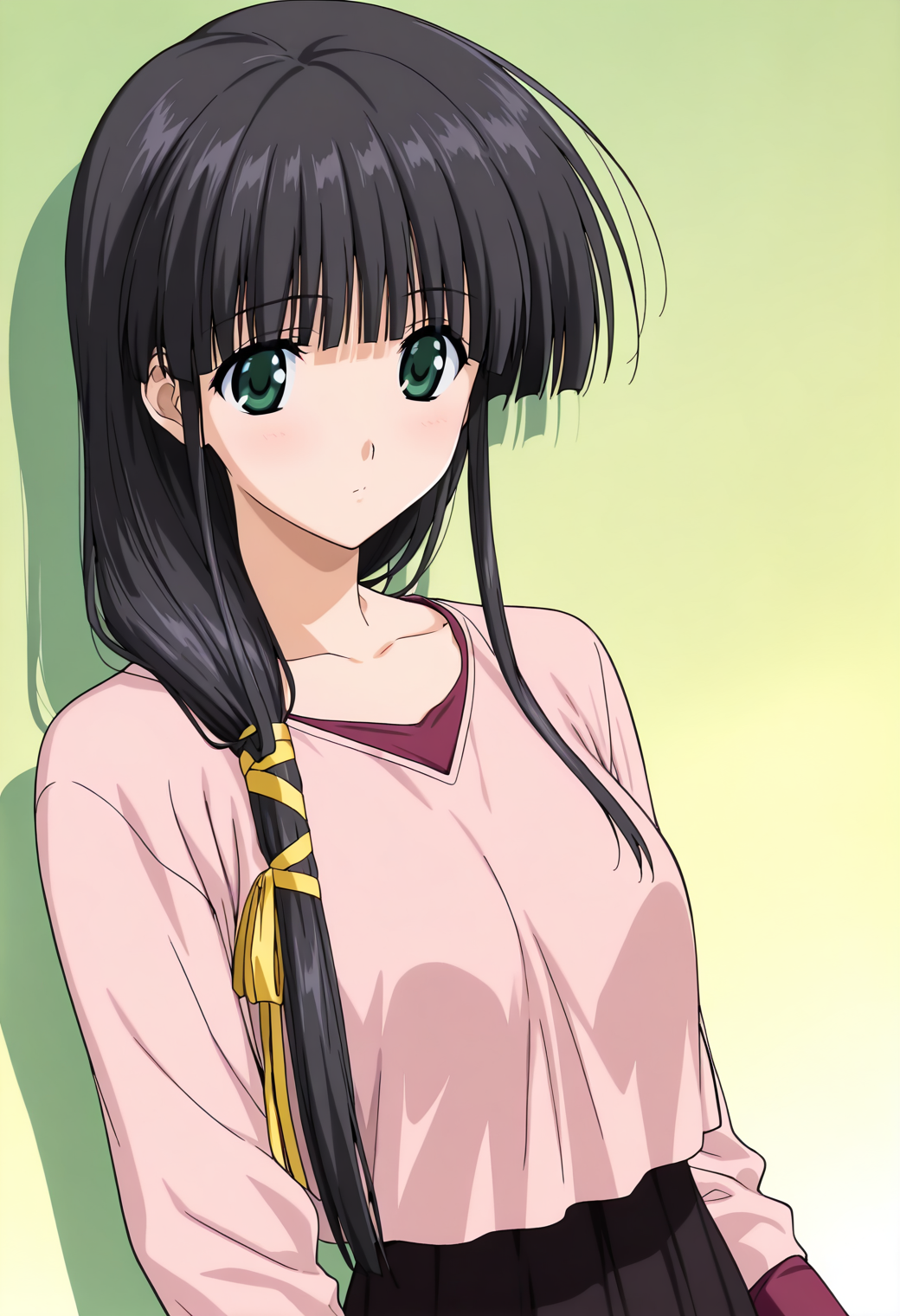 masterpiece, best quality, very aesthetic, absurdres, 1girl, solo,
<lora:hasebe_aya_v01:0.9>, hasebe_aya, aya_casual3, black hair, low-tied long hair, ponytail, hair over shoulder, blunt bangs, sidelocks, green eyes,
yellow hair ribbon, pink shirt, loose neck, long sleeves, black skirt, long skirt, posing, upper body