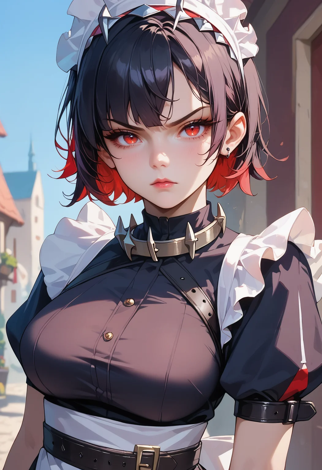 score_9,score_8_up,score_7_up,score_6_up   <lora:ellen_joe_zzz_xl:0.7>ellen-joe-zzz, >:\(, 1girl, belt, black belt, black dress, black hair, breasts, colored inner hair, dress, large breasts, looking at viewer, maid, maid headdress, multicolored hair, red eyes, red hair, short hair, solo, upper body, v-shaped eyebrows