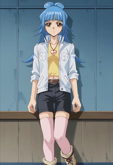 score_8, score_8_up, score_7_up, source_anime BREAK 1girl, female focus, solo, Misaki_2011, blue hair, hair bun, long hair, green eyes, pendant, heart pendant, green shirt, jacket, white jacket, open jacket, navel, belt, shorts, black shorts, thighhighs, pink thighhighs, pink socks, boots,