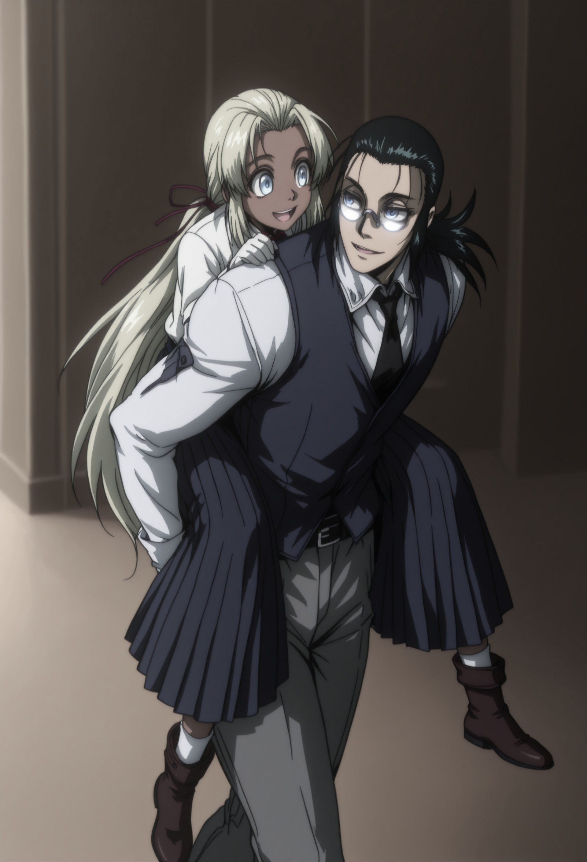 masterpiece, best quality, amazing quality, very aesthetic, absurdres, <lora:piggyback-illustriousxl-lora-nochekaiser:1>, piggyback, carrying, hetero, carrying person, walking, cowboy shot, girl on top, (YoungIntegra, 1girl, child, blonde hair, very long hair, dark skin, blue eyes, glasses, white blouse, red neck ribbon, blue long skirt, white socks, brown boots,). BREAK
(DarkWalter, solo, 1boy, male focus, black hair, ponytail, hair pulled back, hair ribbon, blue eyes, glasses, round eyewear, white shirt, blue vest, black necktie, white gloves, black belt, grey pants, black shoes).
indoors, manor, perspective, looking at another, laughing