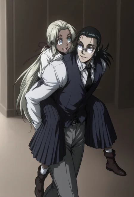 masterpiece, best quality, amazing quality, very aesthetic, absurdres, <lora:piggyback-illustriousxl-lora-nochekaiser:1>, piggyback, carrying, hetero, carrying person, walking, cowboy shot, girl on top, (YoungIntegra, 1girl, child, blonde hair, very long hair, dark skin, blue eyes, glasses, white blouse, red neck ribbon, blue long skirt, white socks, brown boots,). BREAK
(DarkWalter, solo, 1boy, male focus, black hair, ponytail, hair pulled back, hair ribbon, blue eyes, glasses, round eyewear, white shirt, blue vest, black necktie, white gloves, black belt, grey pants, black shoes).
indoors, manor, perspective, looking at another, laughing