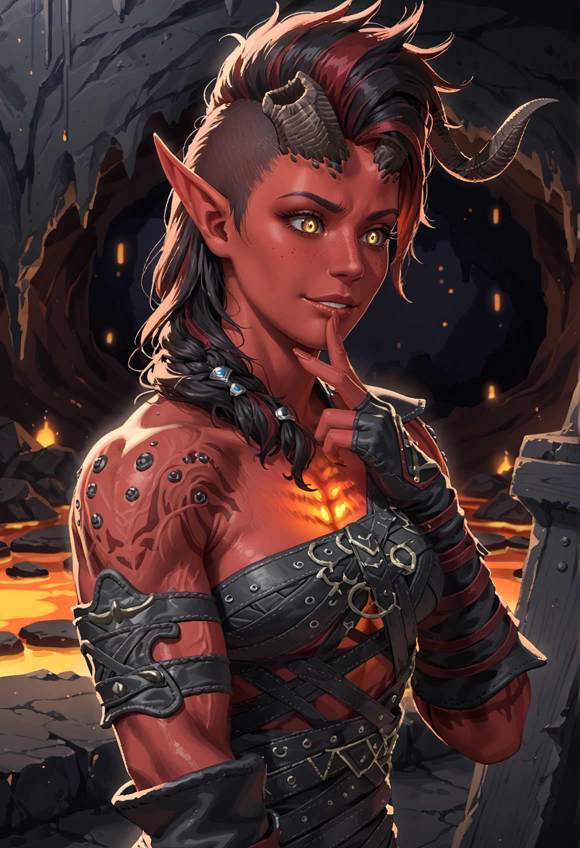 score_9, score_8_up, score_7_up, masterpiece, best quality, absurdres, solo, LeatherArmor_Karlach_ownwaifu, 1girl, demon girl, red skin, pointy ears, horns, black hair,  colored skin, demon horns, long hair,  yellow eyes, red hair, multicolored hair, colored sclera, lips, braid,  hair over shoulder, elf, freckles, nose, two-tone hair, muscular female, glowing eyes, collarbone, tattoo, fingerless gloves, leather, bracelet, bracer, chain, vambraces, hand on own chin, close-up, portrait, from side, silhouette,  (pouty lips, cute, emberrassed, nervous smile, happy, light blush,:1.2), (looking down:1.3),  BREAK (inside a cave, glowing lava:1.4), dark theme, dark room, night, backlighting, dark background, dim light, red rimlight,<lora:Pony\Baldurs_Gate\PONYXL_BaldurGate3_Karlach_ownwaifu.safetensors:1.0:1.0> <lora:Pony\Settings\dark_v1.9-pony_done.safetensors:0.7000000000000001:0.7000000000000001>