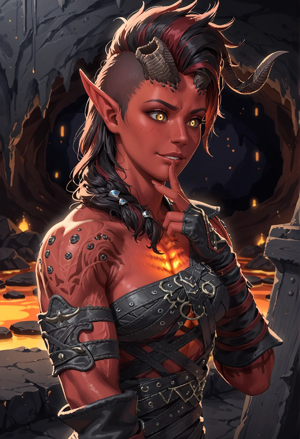 score_9, score_8_up, score_7_up, masterpiece, best quality, absurdres, solo, LeatherArmor_Karlach_ownwaifu, 1girl, demon girl, red skin, pointy ears, horns, black hair, colored skin, demon horns, long hair, yellow eyes, red hair, multicolored hair, colored sclera, lips, braid, hair over shoulder, elf, freckles, nose, two-tone hair, muscular female, glowing eyes, collarbone, tattoo, fingerless gloves, leather, bracelet, bracer, chain, vambraces, hand on own chin, close-up, portrait, from side, silhouette, (pouty lips, cute, emberrassed, nervous smile, happy, light blush,:1.2), (looking down:1.3), BREAK (inside a cave, glowing lava:1.4), dark theme, dark room, night, backlighting, dark background, dim light, red rimlight,<lora:Pony\Baldurs_Gate\PONYXL_BaldurGate3_Karlach_ownwaifu.safetensors:1.0:1.0> <lora:Pony\Settings\dark_v1.9-pony_done.safetensors:0.7000000000000001:0.7000000000000001>