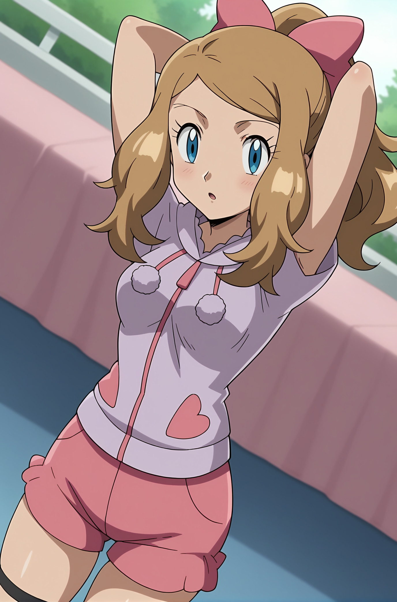 score_9, score_8_up, score_7_up, source anime, anime, animification, anime screencap, anime coloring, vivid colors, shiny skin, skindentation, deep skin, depth of field, high quality, highres, (dynamic angle,dynamic pose),
serenapajamas, 1girl, solo, long hair, looking at viewer, blue eyes, short sleeves, bedroom, brown hair, ponytail, hair bow, shorts, armpits, pink bow, arms behind head, pink shorts, serena \(pokemon\)
BREAK
masterpiece,high quality
 <lora:Serena_Pajamas_XL:0.9>