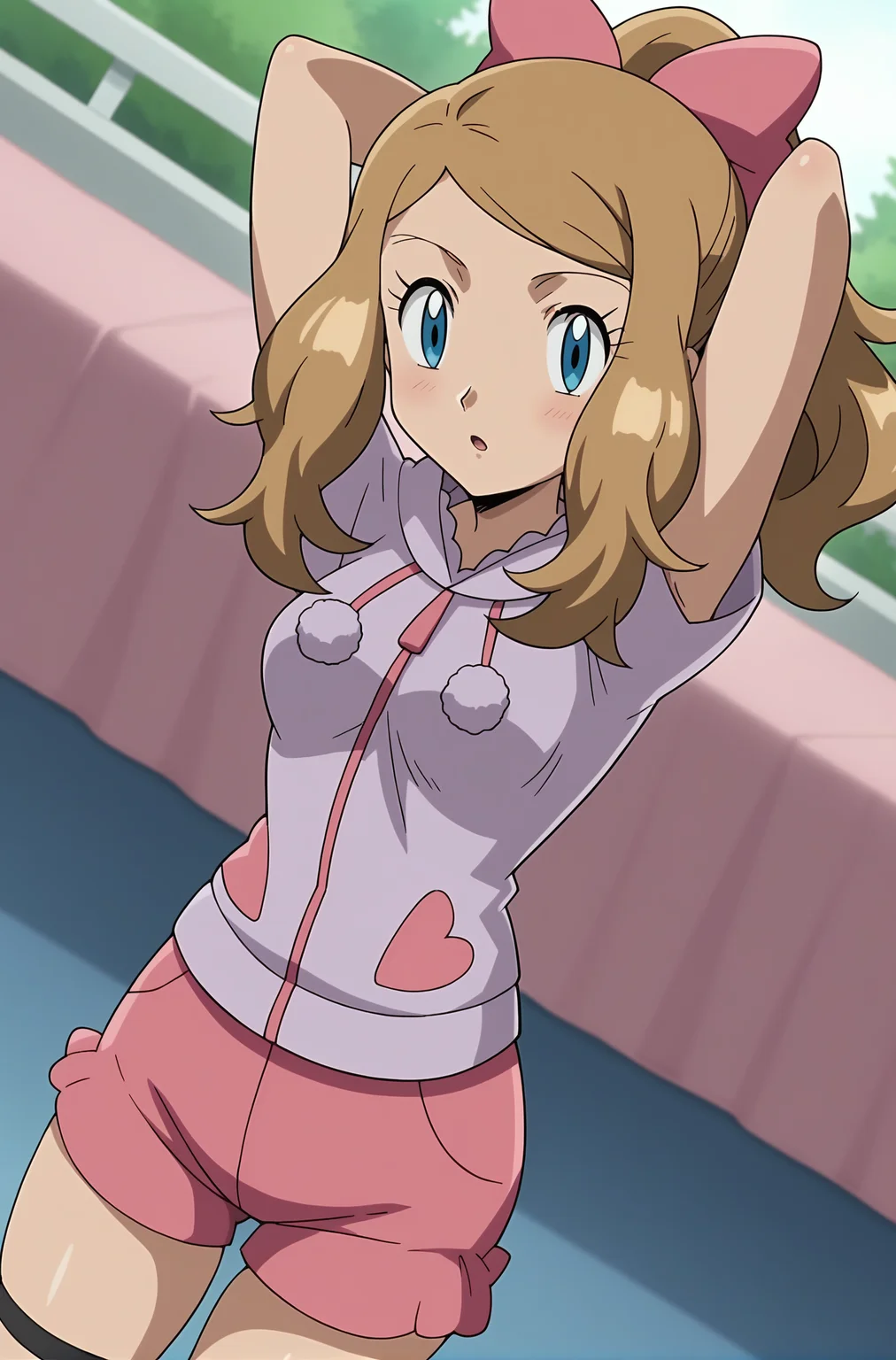 score_9, score_8_up, score_7_up, source anime, anime, animification, anime screencap, anime coloring, vivid colors, shiny skin, skindentation, deep skin, depth of field, high quality, highres, (dynamic angle,dynamic pose),
serenapajamas, 1girl, solo, long hair, looking at viewer, blue eyes, short sleeves, bedroom, brown hair, ponytail, hair bow, shorts, armpits, pink bow, arms behind head, pink shorts, serena \(pokemon\)
BREAK
masterpiece,high quality
<lora:Serena_Pajamas_XL:0.9>
