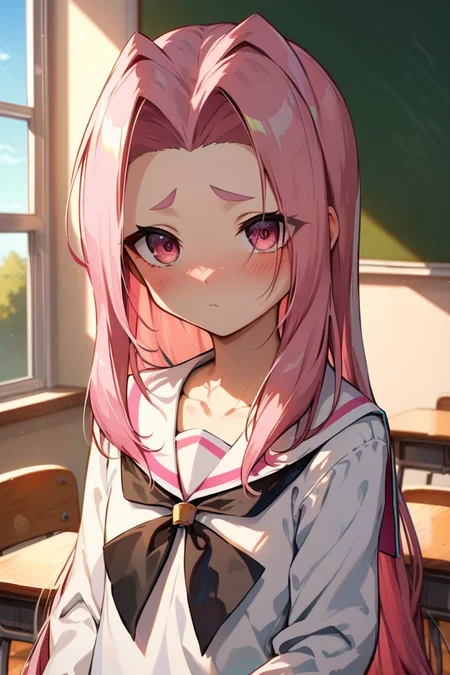 score_9, score_8_up, score_7_up, very aesthetic, source_anime, detailed, high quality, beautiful, masterpiece, detailed eyes,
<lora:lightXL:0.8>
school, classroom, light beams,
<lora:action-sdxl-V0.5:1>zdyna_pose
dynamic angle, upper body, close up,
embarassed, blush,
<lora:arietta_autismConfetti_v01:0.99>flat chest,
1girl, arietta \(tales\), pink hair, pink eyes, very long hair, parted hair, small eyebrows,
serafuku, sailor collar,, zPDXL