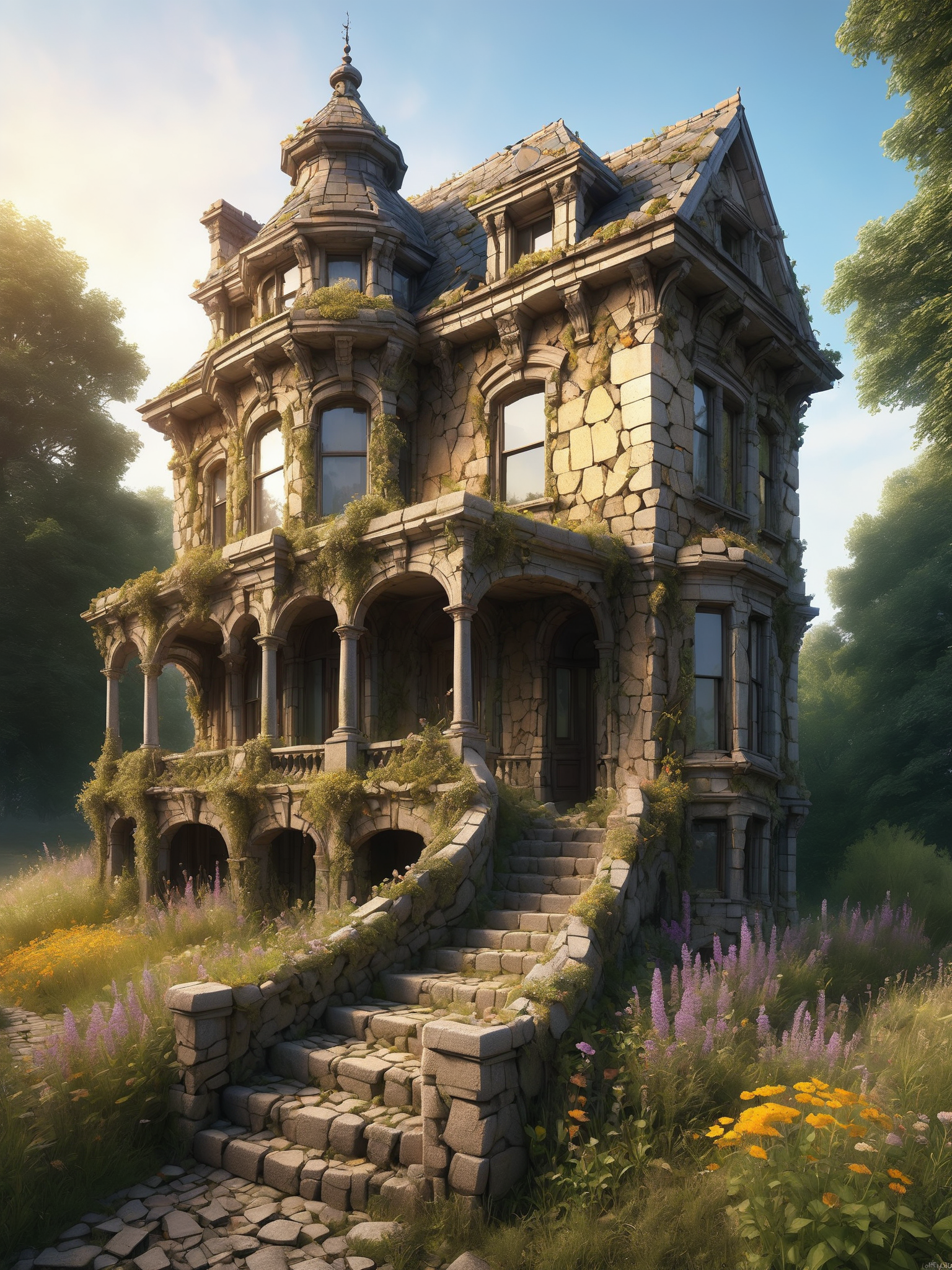 An abandoned Victorian mansion overtaken by nature, with mad-efeu climbing its crumbling walls made of mad-rubble and wildflowers blooming through the cracks of an ancient cobblestone path. The setting sun casts a golden hue over the scene, highlighting the eerie beauty of decay and the relentless power of nature reclaiming human creations, (masterpiece:1.2), best quality, (hyperdetailed, highest detailed:1.2), high resolution textures