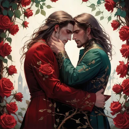 two men embrace, one with long hair, one with short hair, tragic romance, front to back, looking away from each other, sad, downturned faces, tears, gothic, tragic romance, gay, gorgeous, cinematic, intricate, Art Nouveau roses and vines border, broken hearts, sorrow, tears, broken, concept art, oil painting, vivid colors, red, black, green, brown, white, yellow, purple, teal,  <lora:add-detail-xl:1> intricate,