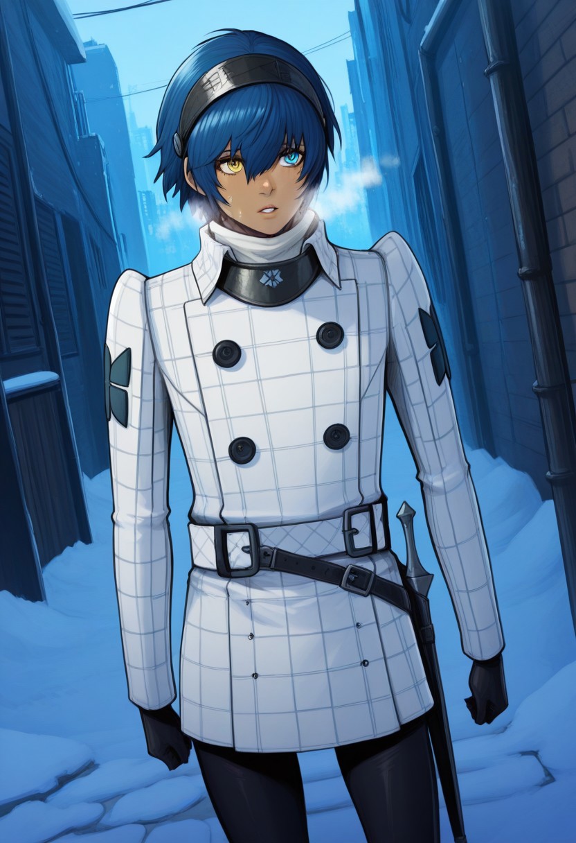 (score_9, score_8_up:1.1), score_7_up, (masterpiece:1.2), (best quality:1.3), ((High quality, HD Illustration, very clear)), amazing quality, very aesthetic, best aesthetic, highres, perfect composition, intricate details, absurdres, 1boy, solo, male focus, sheath, belt, cowboy shot, dutch angle, dfProtag, blue hair, short hair, hair between eyes, black visor \(armor\), heterochromia, yellow eyes, blue eyes, dark-skinned male, plaid coat, collared coat, white turtleneck, long sleeves, black gloves, black leggings, ankle boots, black footwear, toned, toned body, slim, sweaty, sweat, breath, standing, dynamic pose, detailed background, cinematic lighting, volumetric lighting, raw, graphic, graphic details, parted lips, outdoors, traditional media, c0nt1ng3nc1, devilhs, snow, winter, city, alley, cobblestone, futuristic, scifi, science fiction,