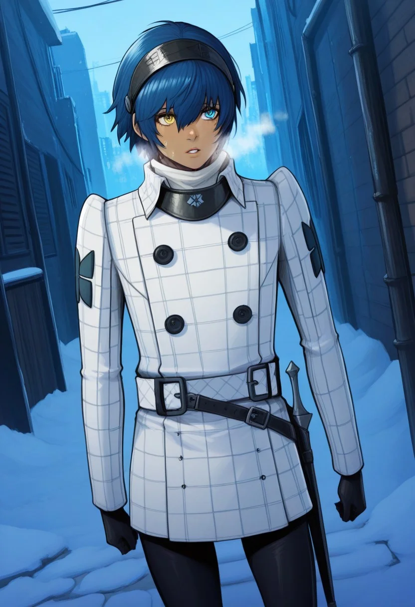 (score_9, score_8_up:1.1), score_7_up, (masterpiece:1.2), (best quality:1.3), ((High quality, HD Illustration, very clear)), amazing quality, very aesthetic, best aesthetic, highres, perfect composition, intricate details, absurdres, 1boy, solo, male focus, sheath, belt, cowboy shot, dutch angle, dfProtag, blue hair, short hair, hair between eyes, black visor \(armor\), heterochromia, yellow eyes, blue eyes, dark-skinned male, plaid coat, collared coat, white turtleneck, long sleeves, black gloves, black leggings, ankle boots, black footwear, toned, toned body, slim, sweaty, sweat, breath, standing, dynamic pose, detailed background, cinematic lighting, volumetric lighting, raw, graphic, graphic details, parted lips, outdoors, traditional media, c0nt1ng3nc1, devilhs, snow, winter, city, alley, cobblestone, futuristic, scifi, science fiction,