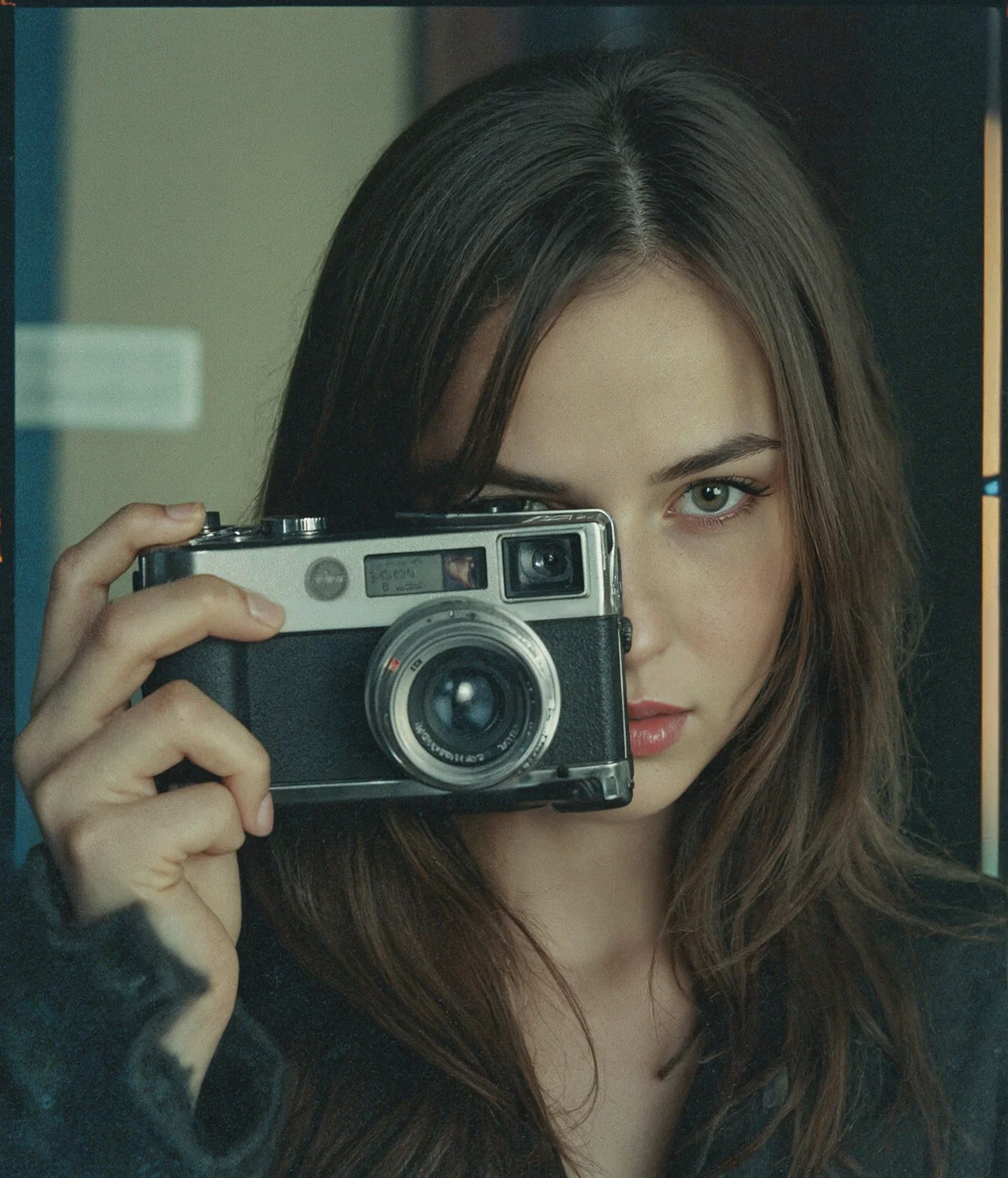 The image portrays a young woman with long, dark hair holding a vintage camera close to her face, partially obscuring one of her eyes. She gazes directly into the lens with an intense, thoughtful expression. The photograph has a distinct cinematic and nostalgic aesthetic, with soft lighting, a grainy texture, and subtle color grading that gives it a vintage, film-like quality.

Subject and Composition
The subject's face is positioned slightly off-center, drawing immediate attention to her sharp and expressive features. Her dark, well-defined eyebrows frame her deep-set eyes, which are slightly shadowed, adding to the introspective mood of the image. Her lips, which are slightly parted and tinted a natural red, contrast subtly with her smooth, pale skin. Strands of hair fall loosely across her face, reinforcing the unposed, organic nature of the portrait.

The camera she holds is an older model, silver and black with a rounded lens, possibly a vintage point-and-shoot film camera. Its reflective surface catches some light, making it a noticeable focal point. Her fingers gently rest on the camera's body, showcasing her relaxed grip, suggesting familiarity and comfort with the device. The camera partially obscures her left eye, creating an artistic and symbolic interplay between the act of capturing an image and being observed.

Lighting and Color Tone
The lighting in the image is soft and diffused, casting a gentle glow on the subject’s skin. There are no harsh shadows, which enhances the ethereal quality of the portrait. The overall color palette consists of muted greens, blues, and sepia tones, adding to the vintage ambiance. A slight light leak effect, visible on the left edge, introduces warm, reddish-orange hues, reinforcing the analog film aesthetic.

Depth and Focus
The background is blurred, placing the emphasis entirely on the woman and her camera. This shallow depth of field isolates the subject, directing attention to the details of her face and the textures of the camera. The soft blur of the background suggests an indoor or dimly lit setting, though specific environmental details are indistinct.

Mood and Interpretation
The image exudes a sense of quiet introspection and nostalgia. The subject’s expression is serious yet calm, with an enigmatic quality that invites viewers to interpret her emotions. The presence of the vintage camera further reinforces themes of memory, storytelling, and the passage of time. It suggests a personal connection to photography, hinting at themes of capturing fleeting moments or looking at the world through a different lens.

The film-like grain and light leaks contribute to the dreamlike atmosphere, making the image feel like a memory frozen in time. The muted tones evoke a feeling of solitude, while the subject’s direct gaze creates an intimate connection with the viewer.

Overall Impression
This photograph is a striking blend of portraiture and artistic storytelling. The careful composition, soft lighting, and vintage color grading work together to create an image that feels timeless and emotionally resonant. It is an evocative representation of personal reflection, the art of photography, and the beauty of capturing a moment that feels both contemporary and nostalgic.