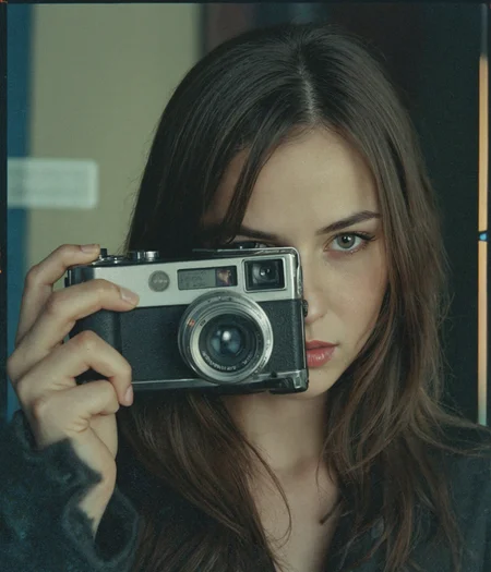 The image portrays a young woman with long, dark hair holding a vintage camera close to her face, partially obscuring one of her eyes. She gazes directly into the lens with an intense, thoughtful expression. The photograph has a distinct cinematic and nostalgic aesthetic, with soft lighting, a grainy texture, and subtle color grading that gives it a vintage, film-like quality.
Subject and Composition
The subject's face is positioned slightly off-center, drawing immediate attention to her sharp and expressive features. Her dark, well-defined eyebrows frame her deep-set eyes, which are slightly shadowed, adding to the introspective mood of the image. Her lips, which are slightly parted and tinted a natural red, contrast subtly with her smooth, pale skin. Strands of hair fall loosely across her face, reinforcing the unposed, organic nature of the portrait.
The camera she holds is an older model, silver and black with a rounded lens, possibly a vintage point-and-shoot film camera. Its reflective surface catches some light, making it a noticeable focal point. Her fingers gently rest on the camera's body, showcasing her relaxed grip, suggesting familiarity and comfort with the device. The camera partially obscures her left eye, creating an artistic and symbolic interplay between the act of capturing an image and being observed.
Lighting and Color Tone
The lighting in the image is soft and diffused, casting a gentle glow on the subject’s skin. There are no harsh shadows, which enhances the ethereal quality of the portrait. The overall color palette consists of muted greens, blues, and sepia tones, adding to the vintage ambiance. A slight light leak effect, visible on the left edge, introduces warm, reddish-orange hues, reinforcing the analog film aesthetic.
Depth and Focus
The background is blurred, placing the emphasis entirely on the woman and her camera. This shallow depth of field isolates the subject, directing attention to the details of her face and the textures of the camera. The soft blur of the background suggests an indoor or dimly lit setting, though specific environmental details are indistinct.
Mood and Interpretation
The image exudes a sense of quiet introspection and nostalgia. The subject’s expression is serious yet calm, with an enigmatic quality that invites viewers to interpret her emotions. The presence of the vintage camera further reinforces themes of memory, storytelling, and the passage of time. It suggests a personal connection to photography, hinting at themes of capturing fleeting moments or looking at the world through a different lens.
The film-like grain and light leaks contribute to the dreamlike atmosphere, making the image feel like a memory frozen in time. The muted tones evoke a feeling of solitude, while the subject’s direct gaze creates an intimate connection with the viewer.
Overall Impression
This photograph is a striking blend of portraiture and artistic storytelling. The careful composition, soft lighting, and vintage color grading work together to create an image that feels timeless and emotionally resonant. It is an evocative representation of personal reflection, the art of photography, and the beauty of capturing a moment that feels both contemporary and nostalgic.