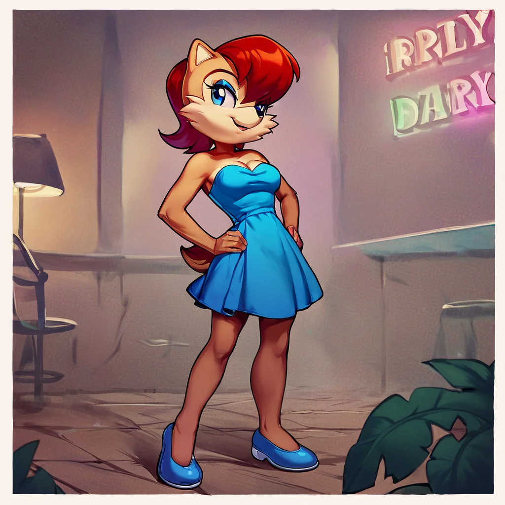 score_9, score_8_up, score_7_up, score_6_up, score_5_up, score_4_up, (Source furry), (rating questionable), <lora:SallyAcornpny:1>, 1girl, solo, breasts, smile, short hair, open mouth, bangs, blue eyes, dress, animal ears, cleavage, bare shoulders, medium breasts, standing, tail, full body, red hair, shoes, looking to the side, eyelashes, strapless, makeup, blue dress, short dress, strapless dress, furry, eyeshadow, hands on hips, blue footwear, furry female, body fur, animal nose, two-tone fur, Sally Acorn, indoors, club, neon lighting, detailed background, party,