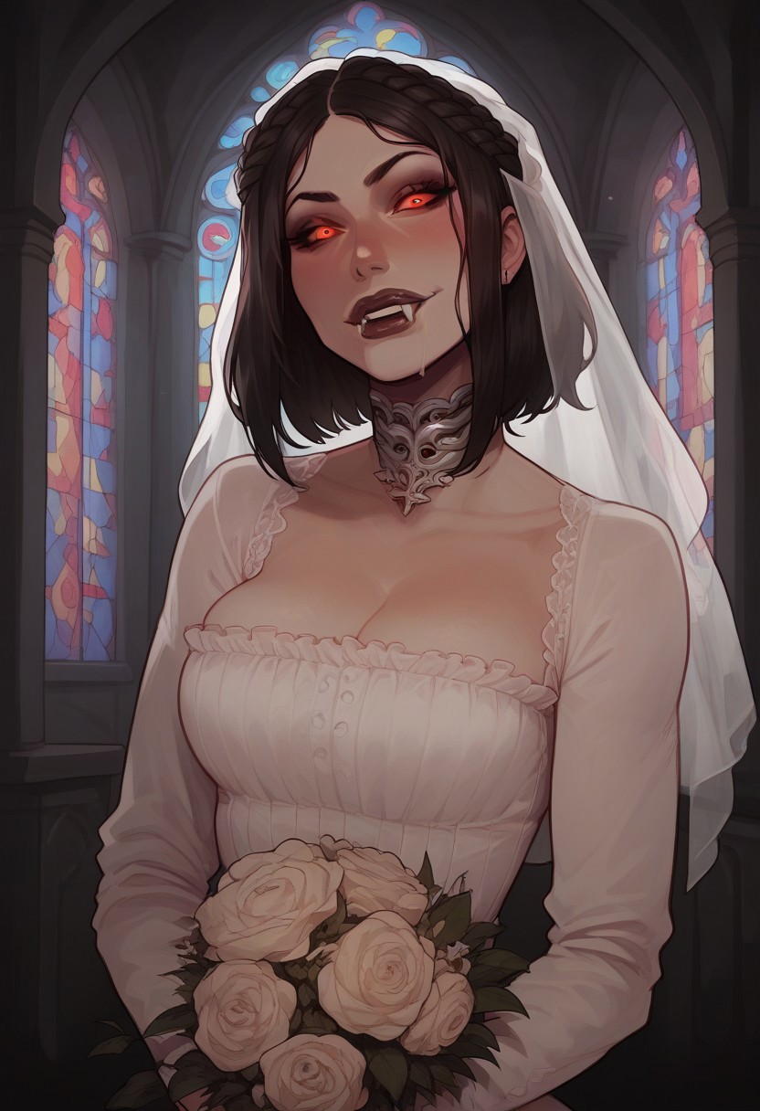 masterpiece,best quality, highly detailed, score_9, score_8_up, score_7_up, 1girl, high quality, best quality, NM_tes_Serana, solo, red eyes, glowing eyes, colored sclera, vampire, medium hair, black hair, braid, breasts, vampire fangs, full lips, makeup, eyeshadow, eyeliner, lipstick, black lips, sharp fingernails, long fingernails, nail polish, red nails, jewelry, blush, shy, smile, wedding dress, bouquet, veil, clothed, spaceship church,gloves