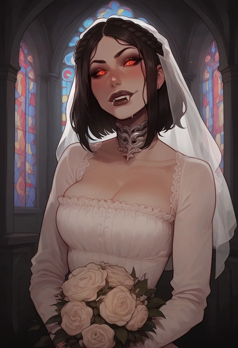 masterpiece,best quality, highly detailed, score_9, score_8_up, score_7_up, 1girl, high quality, best quality, NM_tes_Serana, solo, red eyes, glowing eyes, colored sclera, vampire, medium hair, black hair, braid, breasts, vampire fangs, full lips, makeup, eyeshadow, eyeliner, lipstick, black lips, sharp fingernails, long fingernails, nail polish, red nails, jewelry, blush, shy, smile, wedding dress, bouquet, veil, clothed, spaceship church,gloves