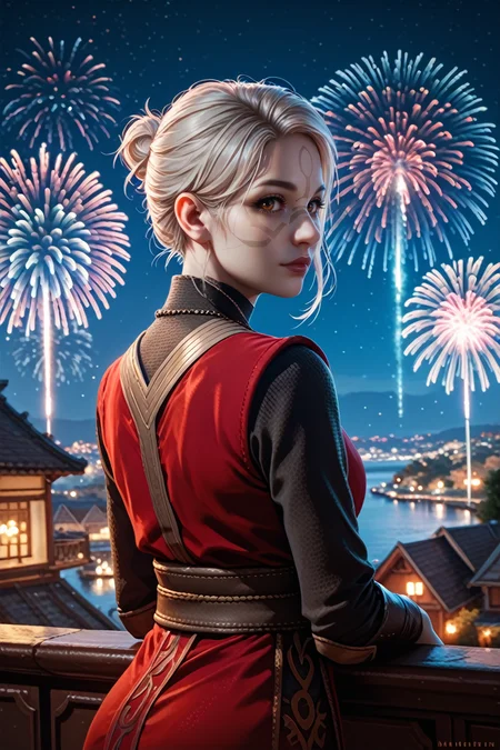 score_9, score_8_up, score_7_up,
<lora:StarMerrin:0.8>
StarMerrin, 1girl, white hair, face paint, brown eyes, looking at viewer, from behind, cowboy shot, dress, looking back, fireworks, at night