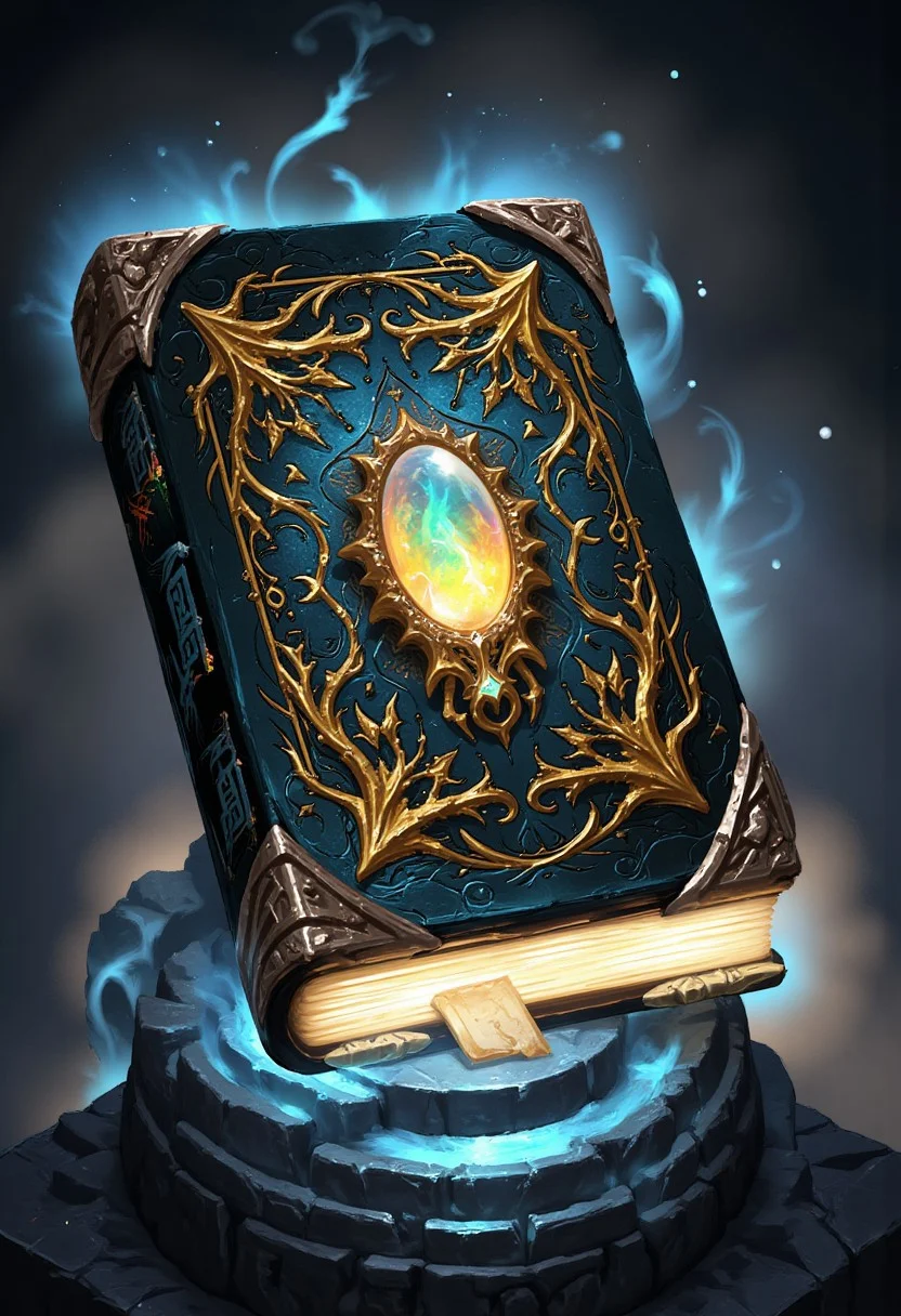 Design an ornate and legendary grimoire, an ancient book of magic radiating unparalleled grandeur. Its cover is forged from obsidian-black leather, adorned with intricate, glowing golden filigree patterns that twist and swirl like living vines. At the center of the cover, an enormous gemstone glimmers—a fiery opal or radiant emerald—encased in an elaborate metallic frame that resembles the claws of a mythical beast.
The edges of the book's pages are lined with shimmering runic inscriptions, glowing faintly in hues of silver and blue, as though charged with arcane energy. The corners of the book are reinforced with ornate metalwork, encrusted with tiny jewels and etched with celestial patterns. When opened, the pages appear alive, inscribed with moving, glowing text in a forgotten script, interspersed with magical diagrams and glyphs. A faint, mystical aura surrounds the grimoire, as if it is both ancient and sentient. Place the book on a pedestal of carved stone, bathed in a soft, ethereal light, with motes of magical energy drifting through the air