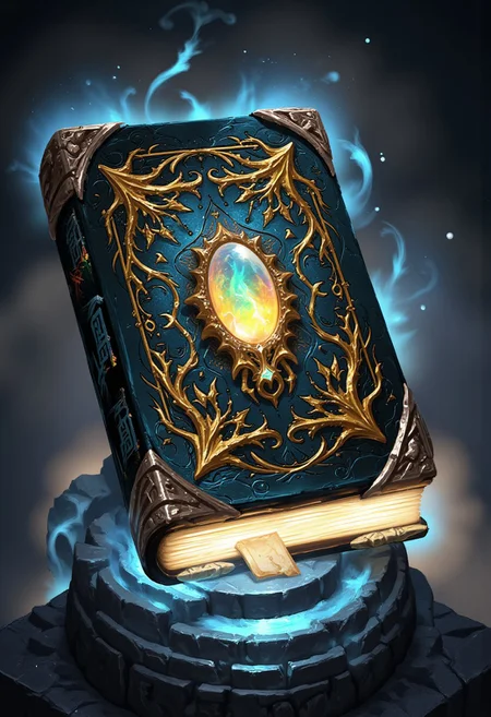 Design an ornate and legendary grimoire, an ancient book of magic radiating unparalleled grandeur. Its cover is forged from obsidian-black leather, adorned with intricate, glowing golden filigree patterns that twist and swirl like living vines. At the center of the cover, an enormous gemstone glimmers—a fiery opal or radiant emerald—encased in an elaborate metallic frame that resembles the claws of a mythical beast.
The edges of the book's pages are lined with shimmering runic inscriptions, glowing faintly in hues of silver and blue, as though charged with arcane energy. The corners of the book are reinforced with ornate metalwork, encrusted with tiny jewels and etched with celestial patterns. When opened, the pages appear alive, inscribed with moving, glowing text in a forgotten script, interspersed with magical diagrams and glyphs. A faint, mystical aura surrounds the grimoire, as if it is both ancient and sentient. Place the book on a pedestal of carved stone, bathed in a soft, ethereal light, with motes of magical energy drifting through the air