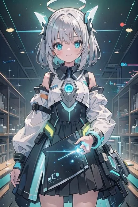 (masterpiece), (science fiction:1.4), 1girl, standing, smile, silver hair, aqua eyes, headgear, long sleeves, detached sleeves, glowing energy clothing, light particles