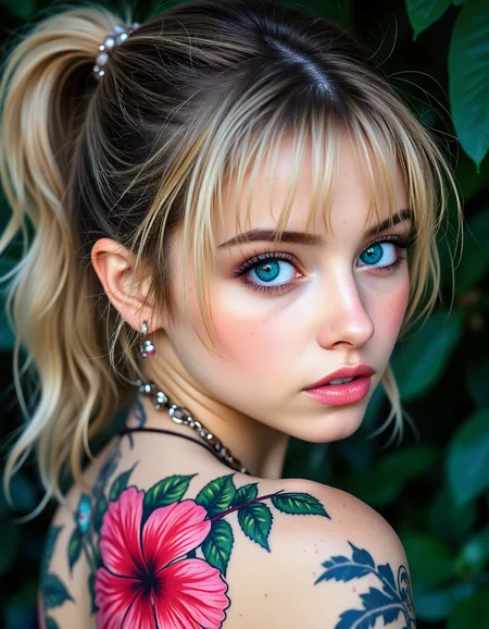 semi-realistic, Hyperrealism, extreme close-up Portrait of a beautiful, stunning unique female character. She has large turquoise eyes filled with joy and excitement, extravagant eyelashes, making this image a masterpiece of photography and digital art. Style: realistic hyper-detailed rendering, 32k UHD, expressive eyes, punk, graphic design, pink hibiscus tattoo on her shoulder, girl's face, side view, pretty and cute, gleaming lips, white skin, telling a tale of adventure. Exuding confidence and serenity. Vibrant tattoos adorn her sun-kissed skin