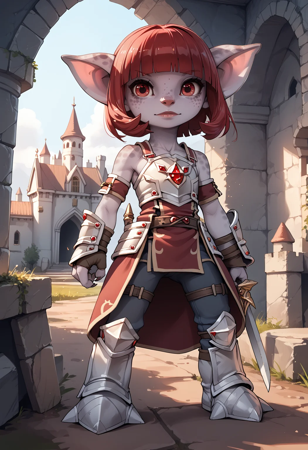 score_9, score_8_up, score_7_up, Asura, female, grey skin, spots, freckles, red eyes, red hair, short hair, blunt bangs, perky ears, 4 fingers, claws, small body, short, flat-chested,
armor, pants, boots, tunic, 3 toes,
detailed background, castle, fantasy,
<lora:Round_Breasts_XL_XV7:0.8>   <lora:AsuraPony_v9d_ngw:0.8>