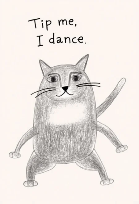 ART BRUT CAT dancing and saying "Tip me, I dance!"