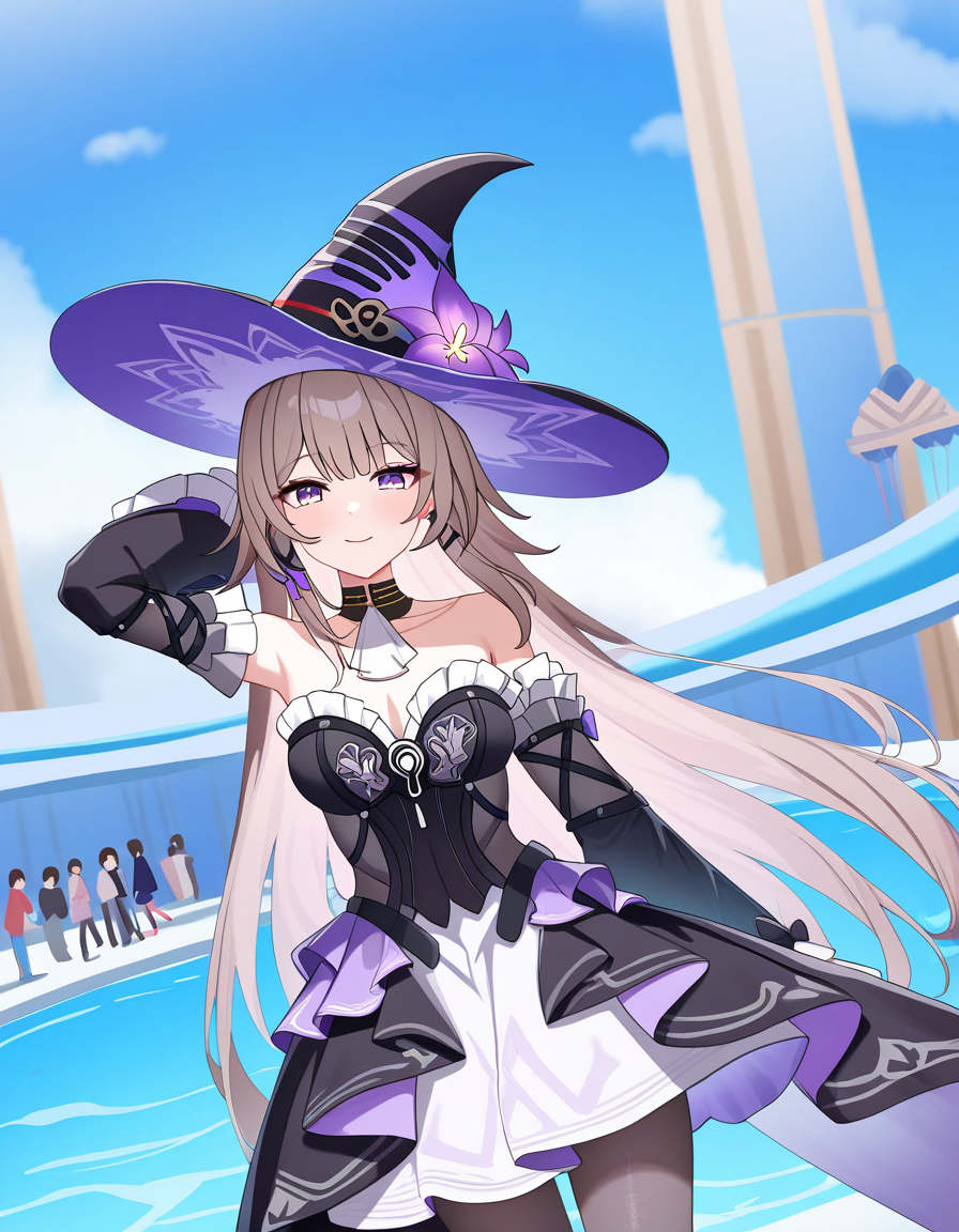masterpiece, best quality, newest, absurdres, highres, safe,, <lora:the-herta-illustriousxl-lora-nochekaiser:1>, the herta, the herta (honkai: star rail), brown hair, long hair, purple eyes, medium breasts,, bare shoulders, black dress, black hat, detached sleeves, hat, hat flower, hat ornament, long sleeves, pantyhose, witch hat, waterpark, slides, splash, fun, people, smile, hand behind head, , looking at viewer, solo,, cowboy shot, solo