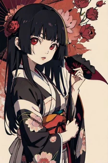 enma ai, hair down, hair black, bangs, eyes red, masterpiece, best quality, ultra-detailed, illustration, 1girl, solo, highres, photorealistic, ultra high res, (Original illustration composition), (fusion of limited color, Maximalism artstyle, kimono obi fashion, double exposure, background, illustration, Amazing, lily spider, night darkness, open one's mouth, flowers red, (polychromatic peony:1.15), Movie poster,