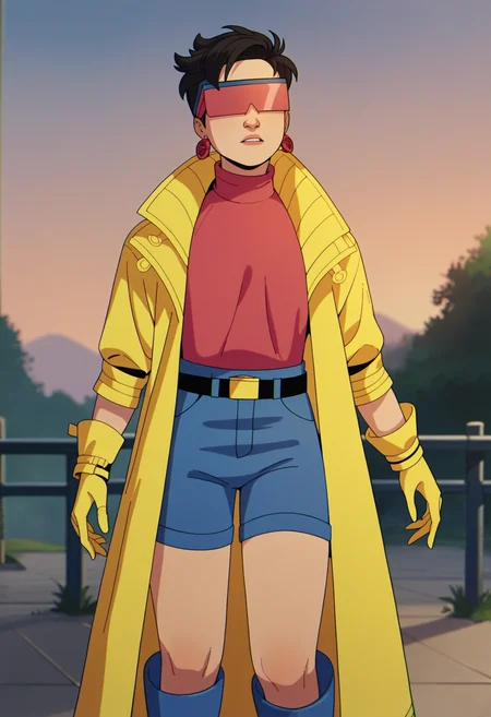 score_9, score_8_up, score_7_up, 1girl, solo, clamJBLee97, cJsunglasses, yellow coat, yellow gloves, pink shirt, turtleneck, blue shorts, belt, blue boots, earrings <lora:clamJubilee_xmen97PDXL:1>
